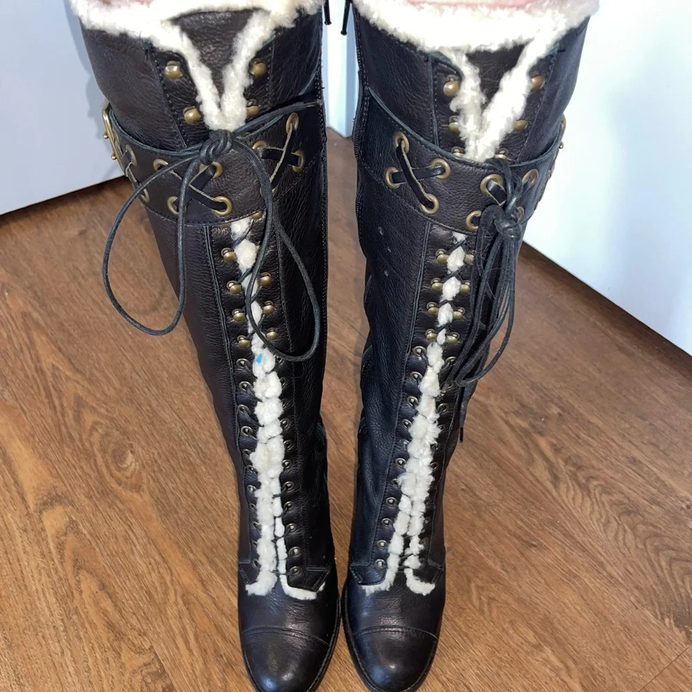 Vintage COACH knee-high leather lace-up boots Size 7.5 B with real fur, like new - Picture 2 of 9